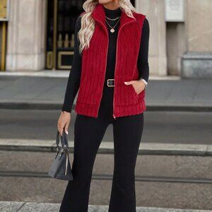 Red Casual Women's Zip Closure Vest Jacket
